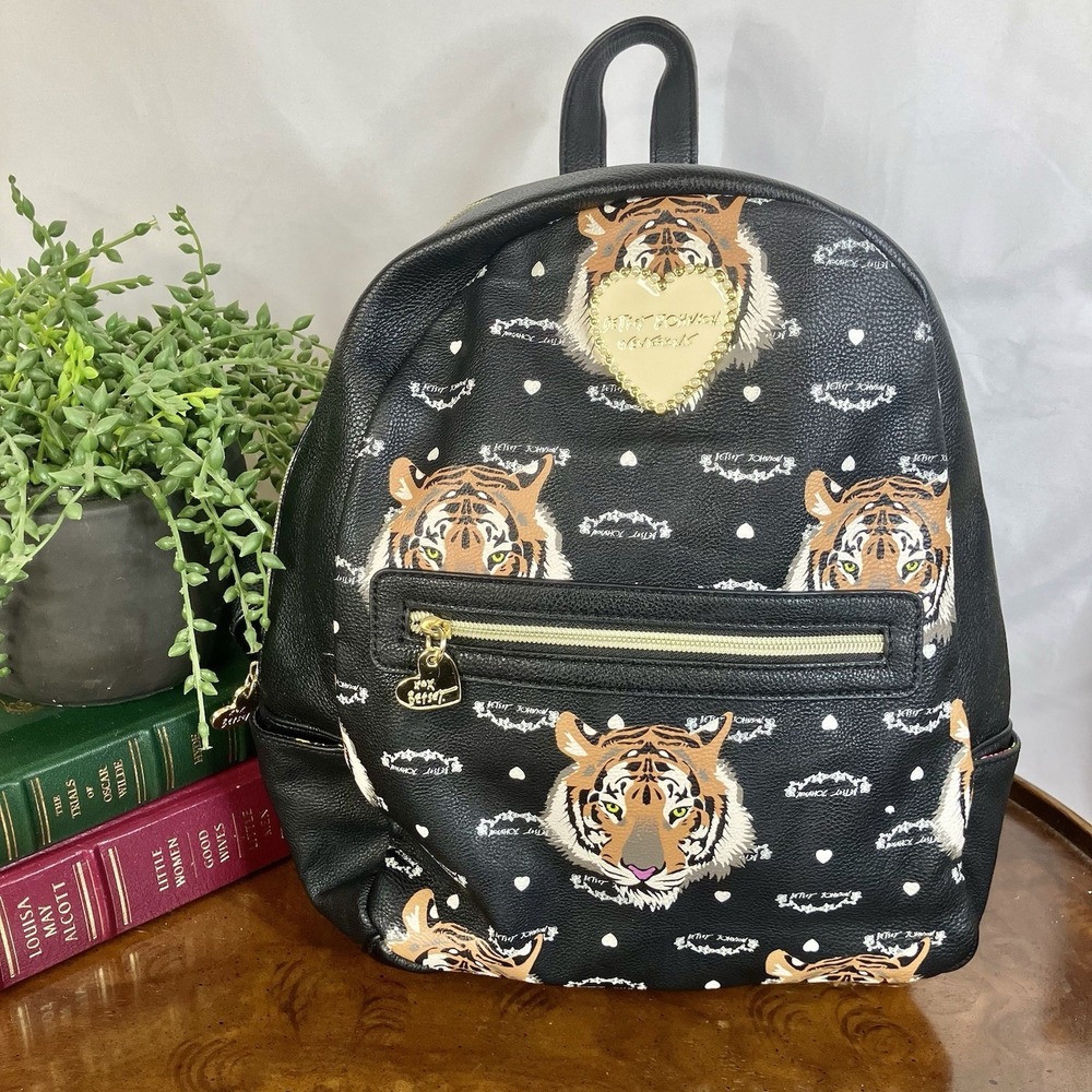 Betsey Johnson Tiger Backpack Purse Floral Rose Liner Black White Brown Rare